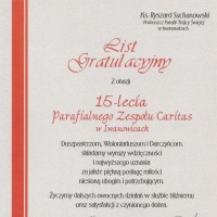 Caritas-list gratulacyjny
