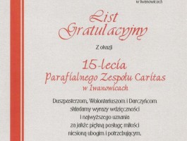 Caritas-list gratulacyjny